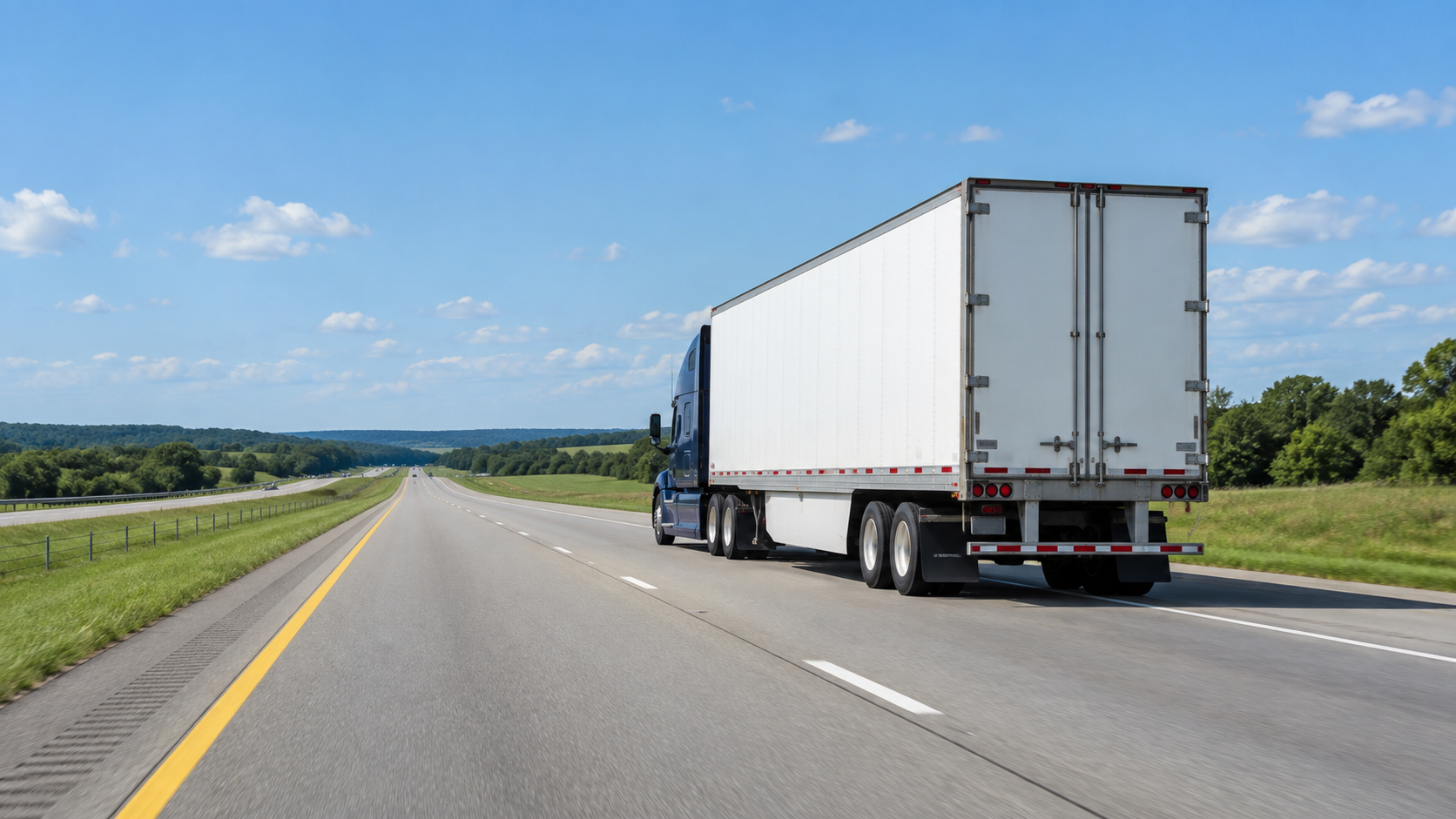 Blue tractor trailer travelling toward the horizon on an open interstate highway