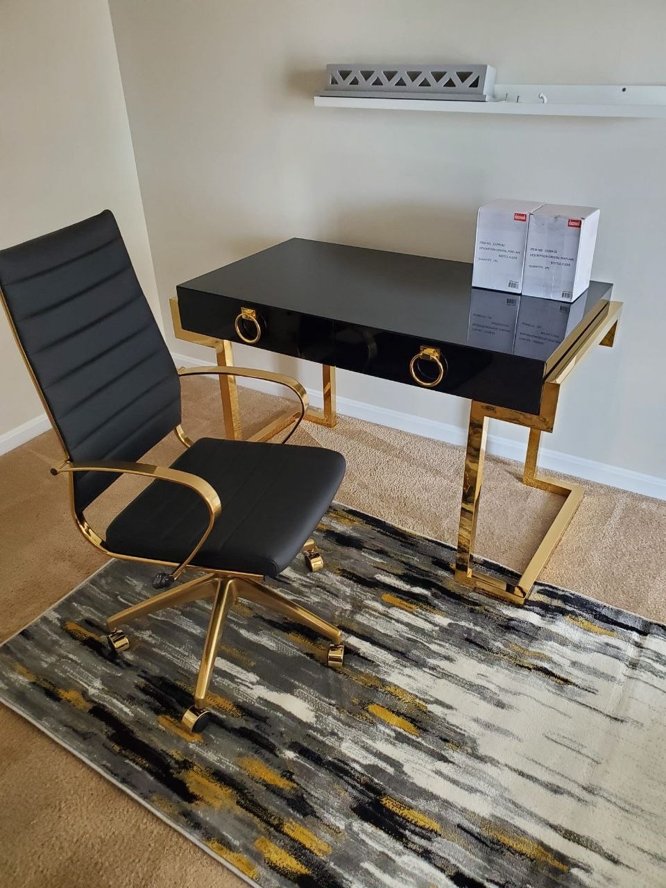 Desk and office chair arranged after an office move